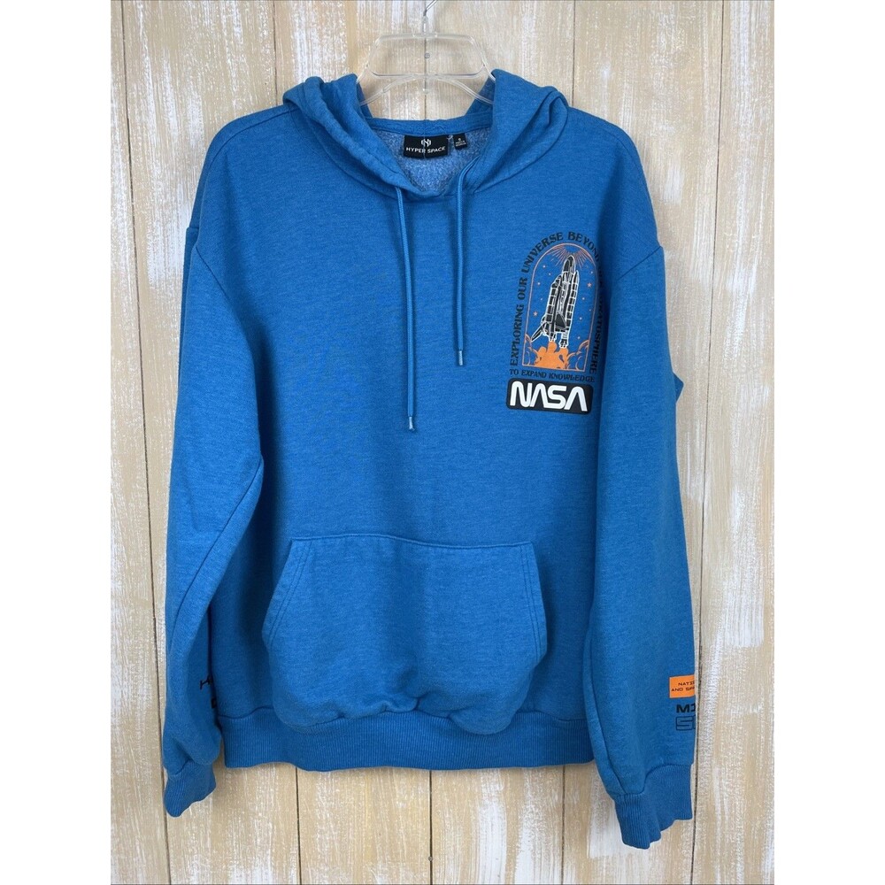 NASA 1983 STS-7 Challenger Mission Hyper Space Graphic Hoodie Size S Teal-Blue